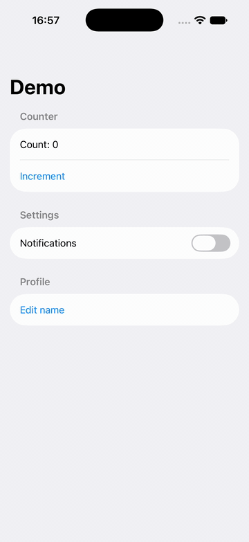 A SwiftUI form on the simulator. The test taps Increment twice, flips a toggle, opens a sheet, types a name and taps Save.